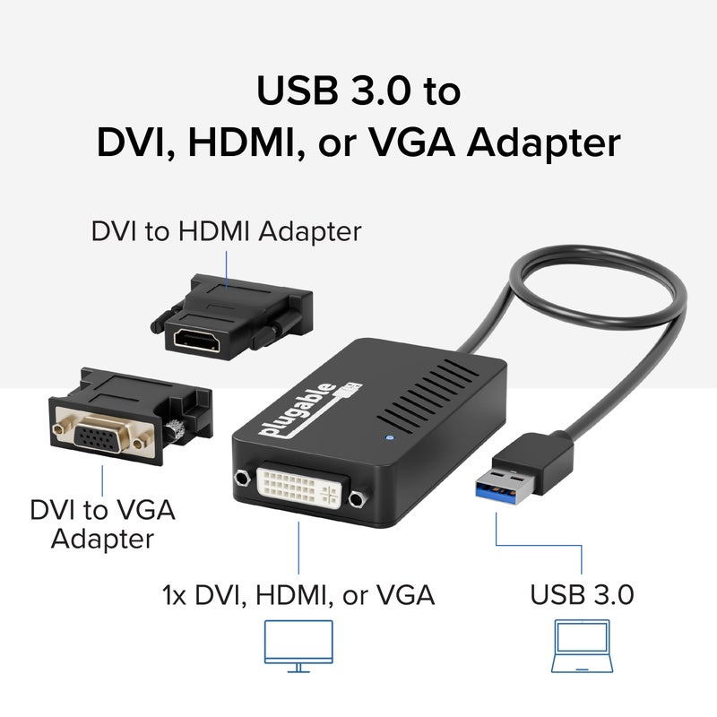 Plugable USB 3.0 to DVI/VGA/HDMI Video Graphics Adapter for Multiple Monitors up to 2048x1152 Supports Windows 11, 10, 8.1, 7, XP, and Mac 10.14+ - Image 2